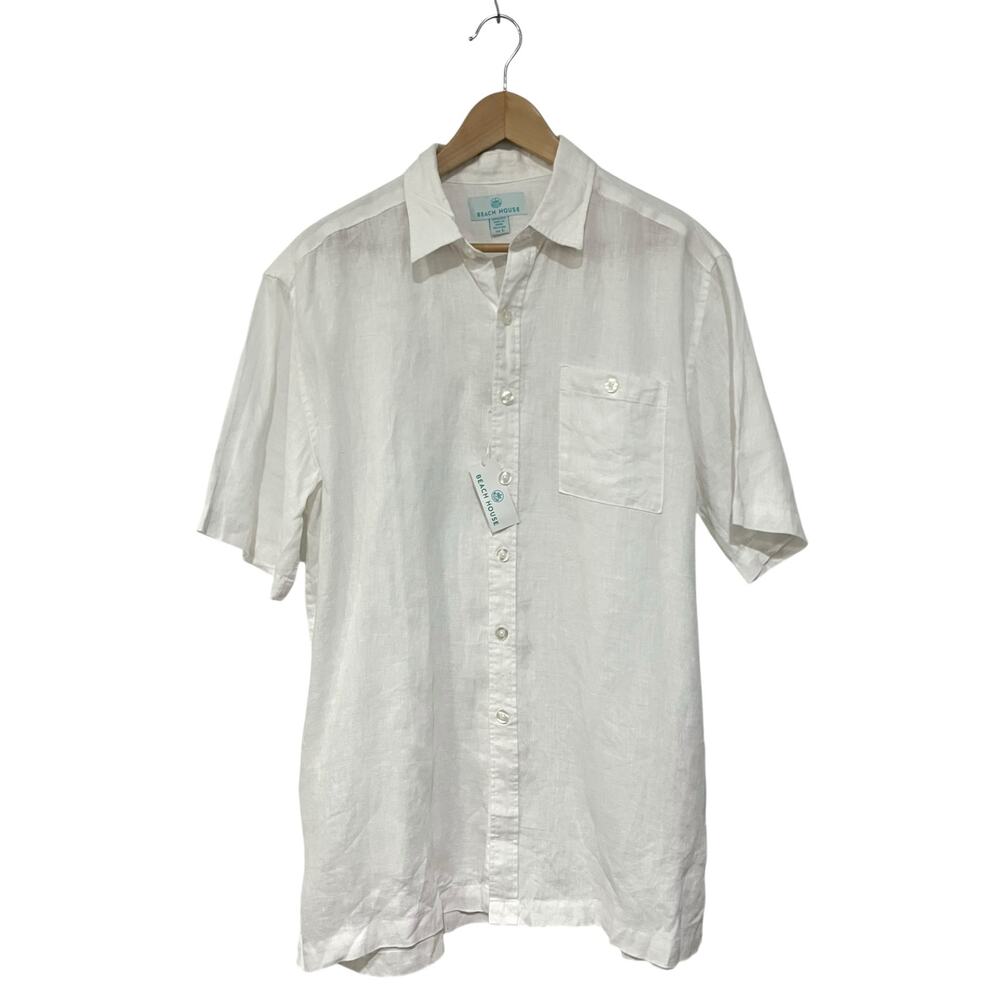 Beach House Men's 100% Linen Shirt White Button Up Short Sleeve Resort Sz L NWT